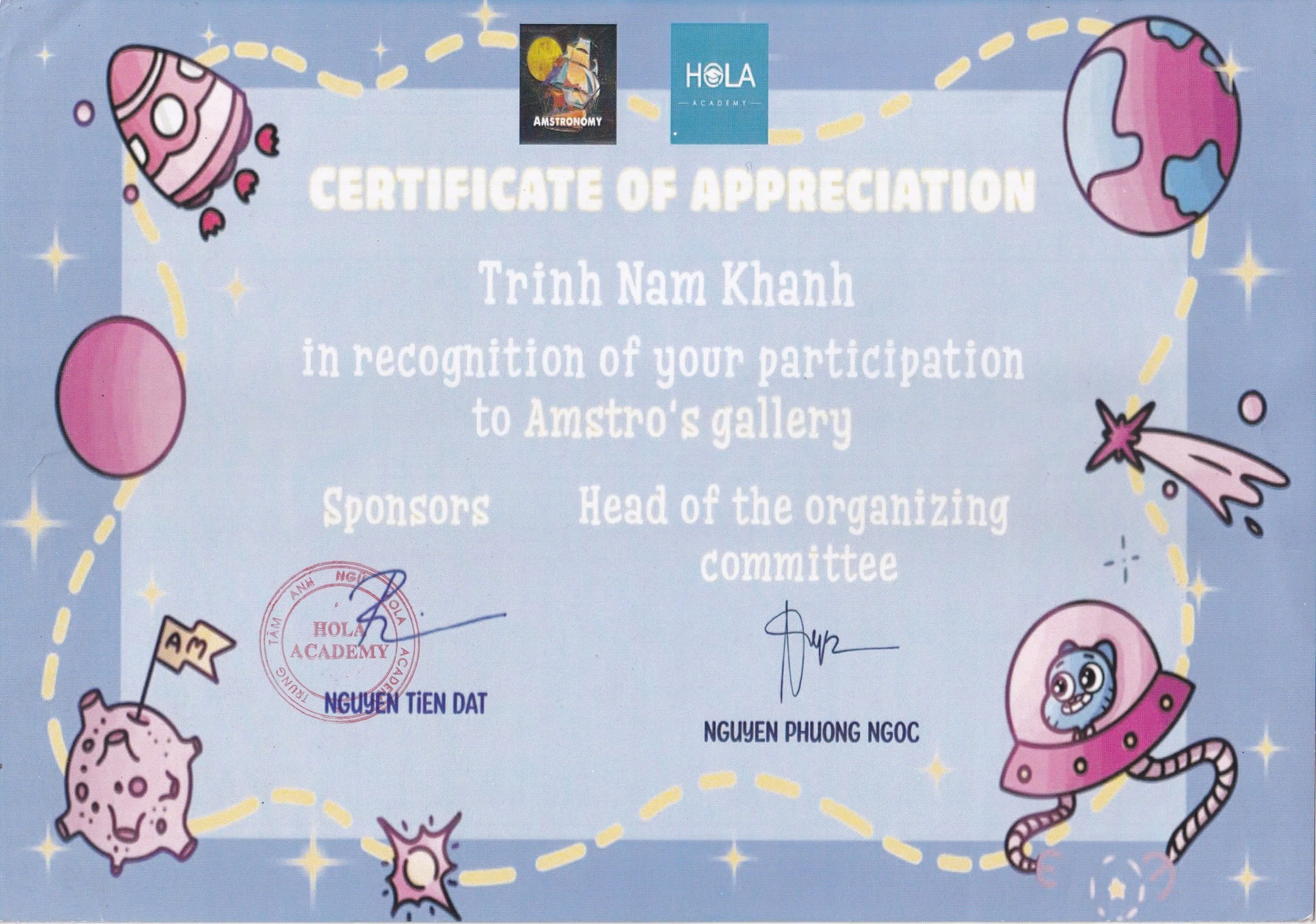 Amstro's Gallery Event Certificate