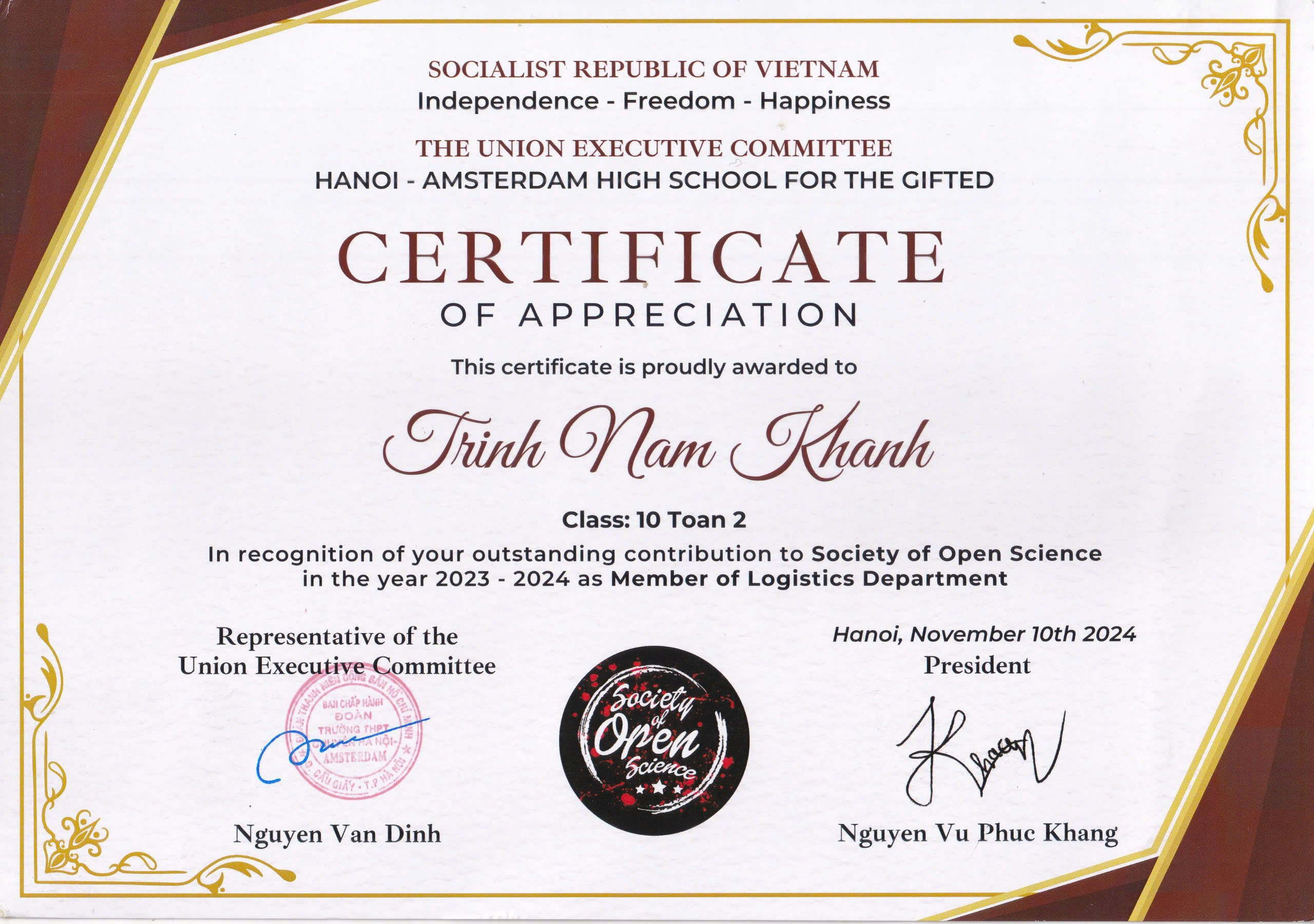 Society of Open Science 2024 Certificate